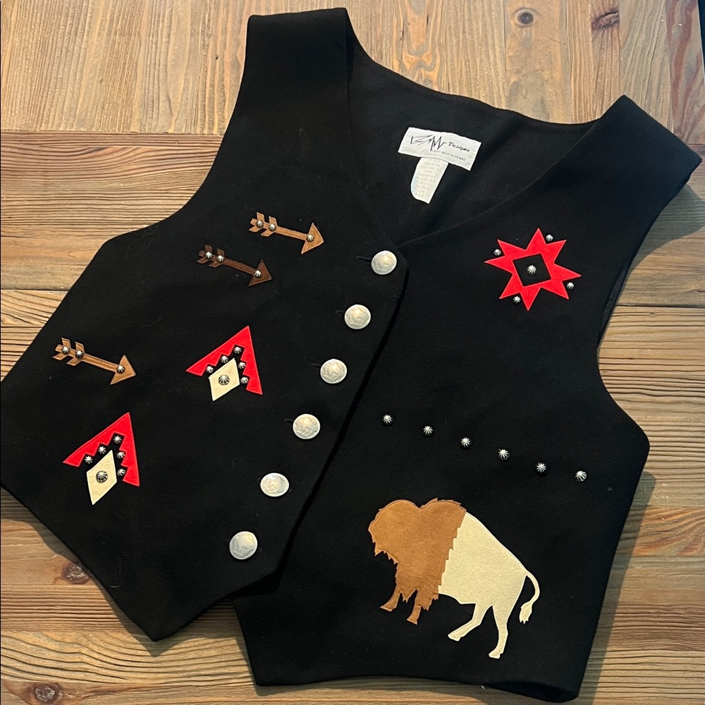 BMW Designs Vintage Ft Worth Western Black Vest with Buffalo and Star Arrows